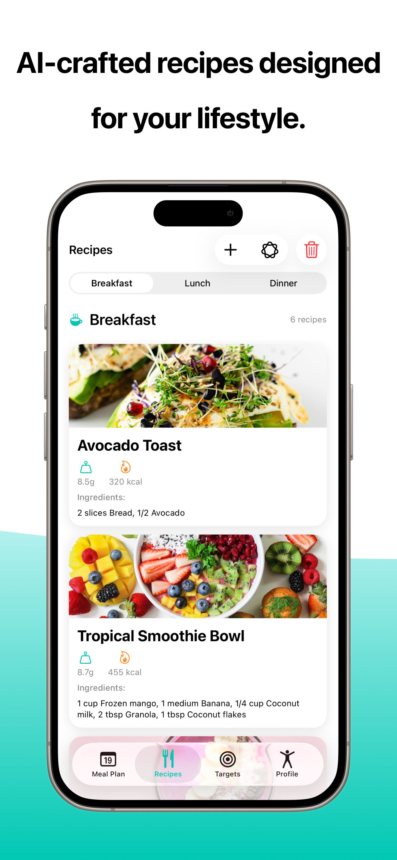 AI-generated recipe library in Vitalmint featuring healthy breakfast, lunch and dinner options with nutritional information