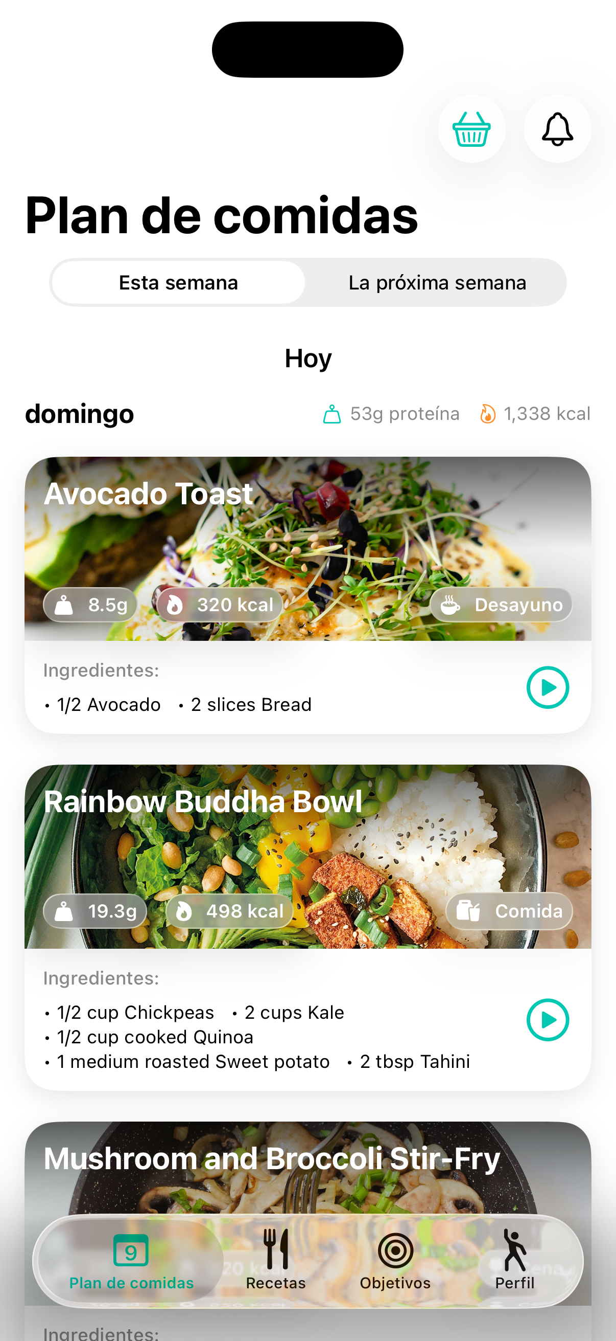 Vista del plan de comidas semanal de Vitalmint