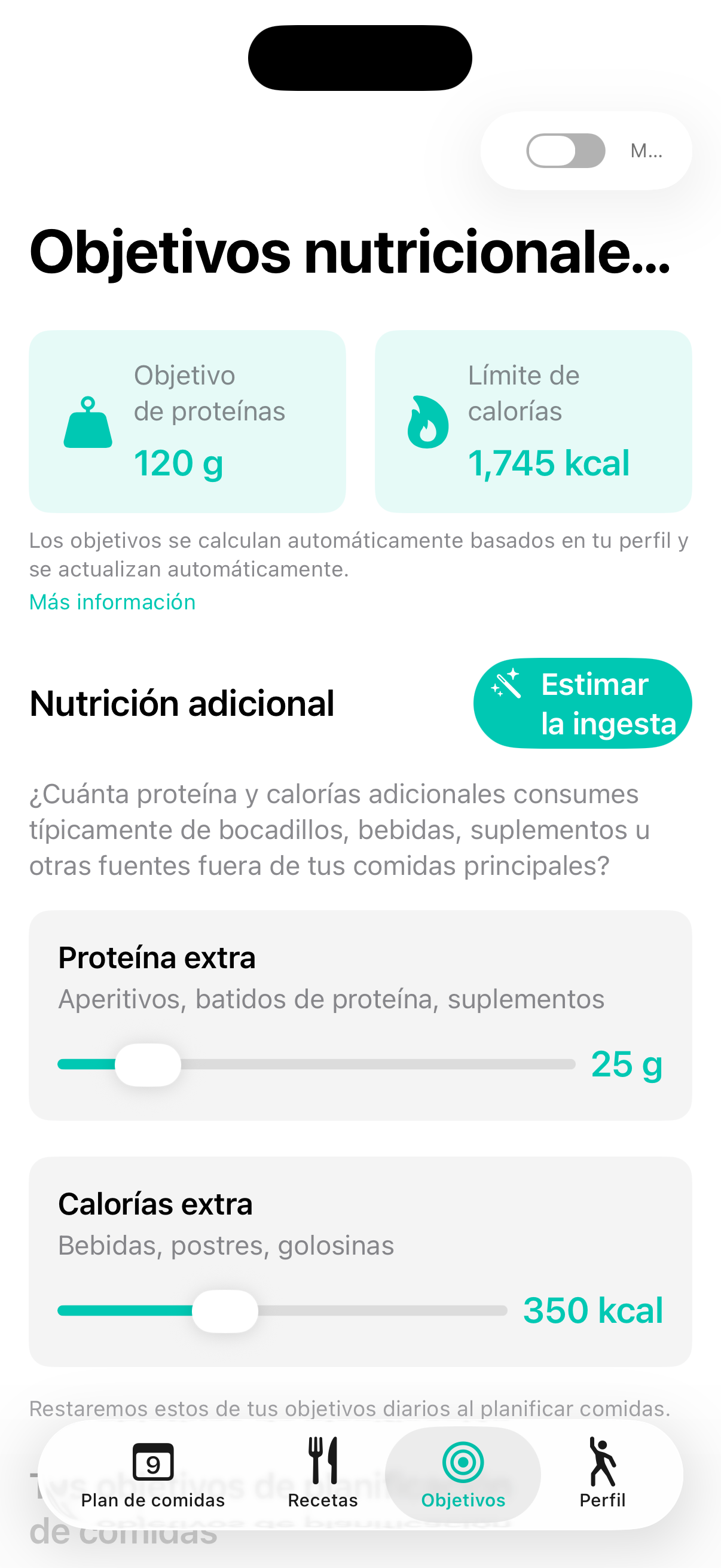 Panel de objetivos nutricionales de Vitalmint