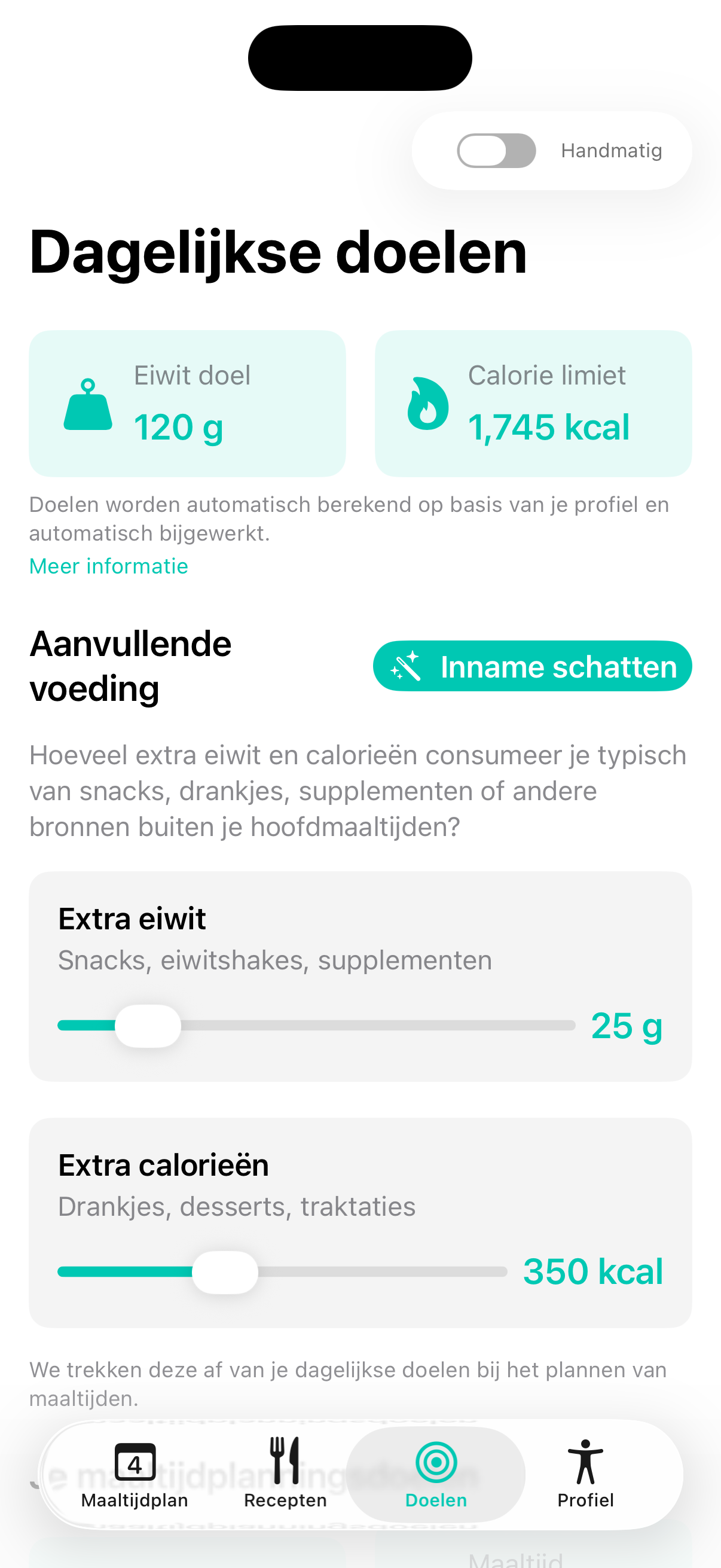 Vitalmint voedingsdoelen dashboard